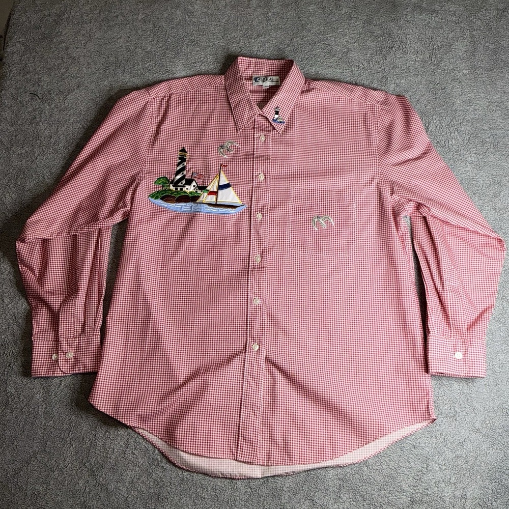 Las Olas Lighthouse Sailing Button Up Long Sleeve Shirt Pink Plaid Check Women L